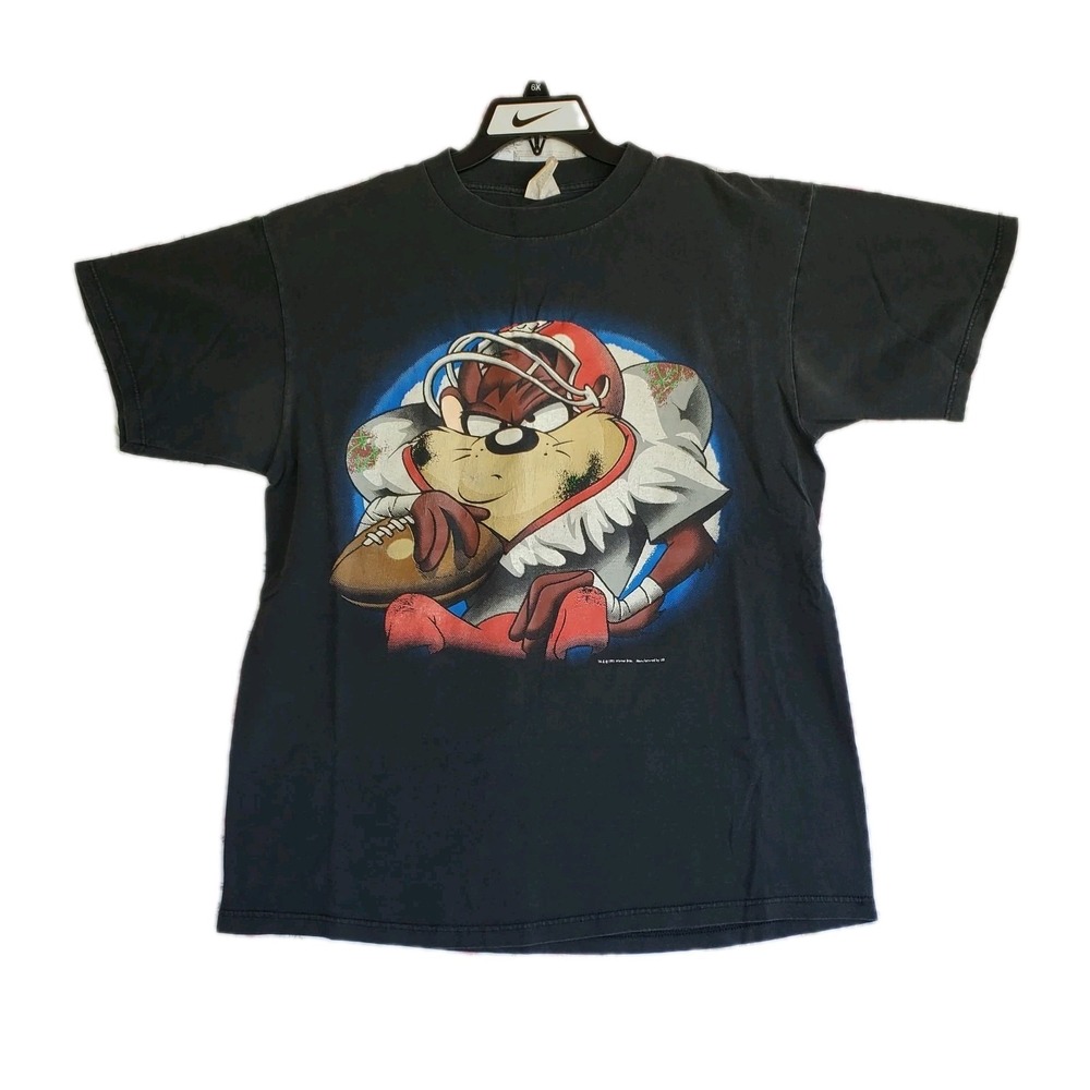 Vtg 90's Looney Tunes Taz Football T Shirt Men's Size XL Double Sided Y2K
